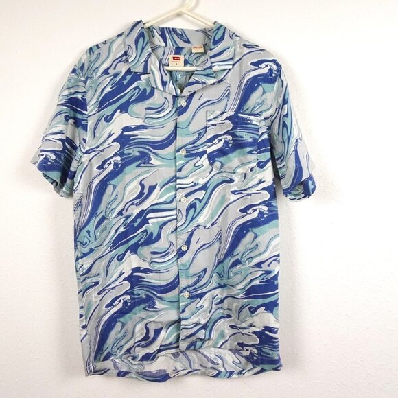 Levi's Casual Button Front Shirt Men's Size S Blue Marble Print Camp Shirt - Picture 1 of 9